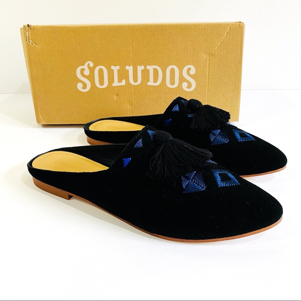 SOLUDOS Palazzo Tassel Mules Black Suede 7.5 Embroidered